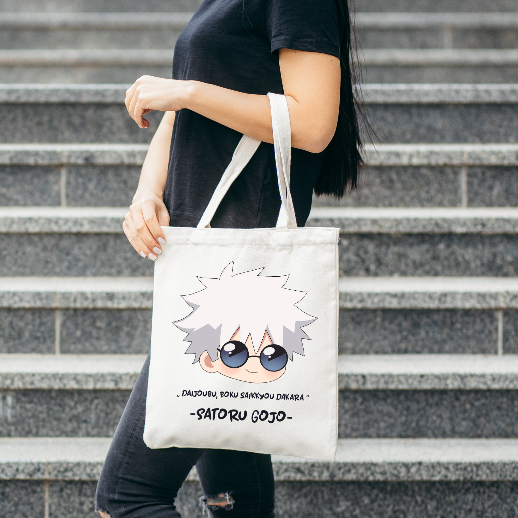 Stylischer Saturo Gojo Baumwolltasche – Perfekter Jutebeutel für Jujutsu Kaisen Fans 1 Stylischer Saturo Gojo Baumwolltasche – Perfekter Jutebeutel für Jujutsu Kaisen Fans