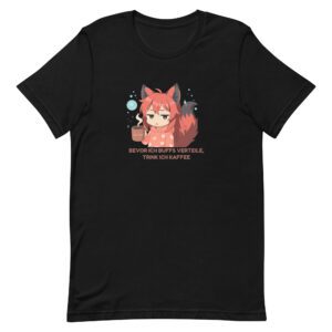Witziges Gaming T-Shirt mit Kitsune Chibi Design – Kaffee Spruch für Nerds & Zocker – Unisex Shirt von Kitsukami